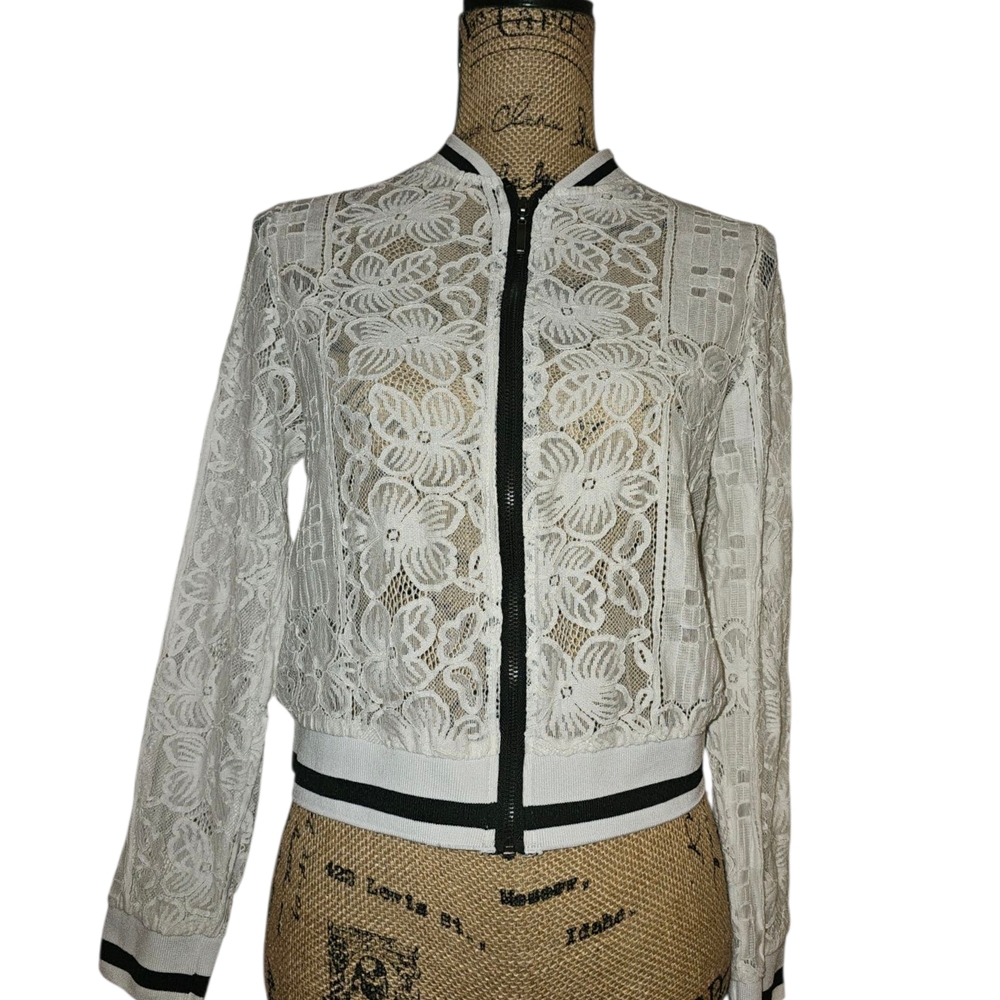 White Floral Lace Bomber Jacket with Black Trim